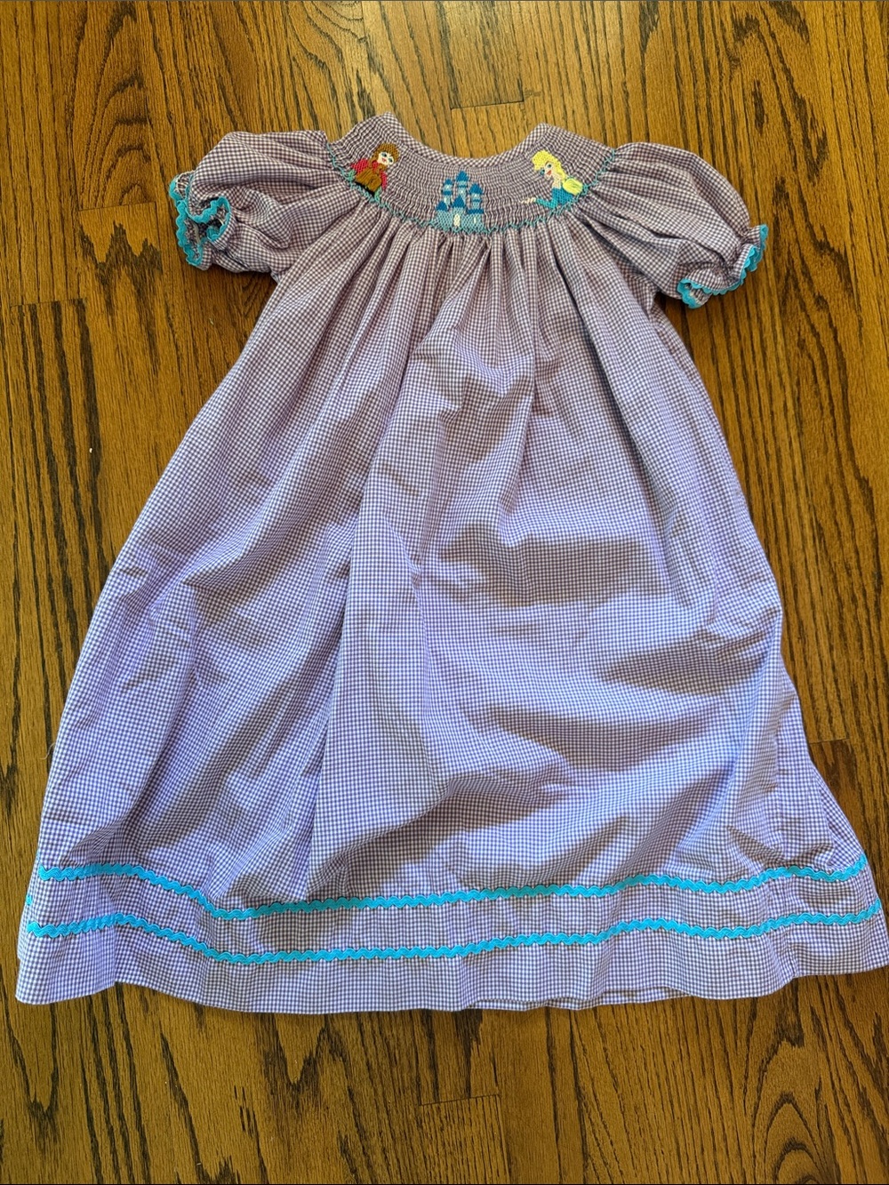 Classic Elements Lavender Gingham Smocked Dress with Turquoise Trim